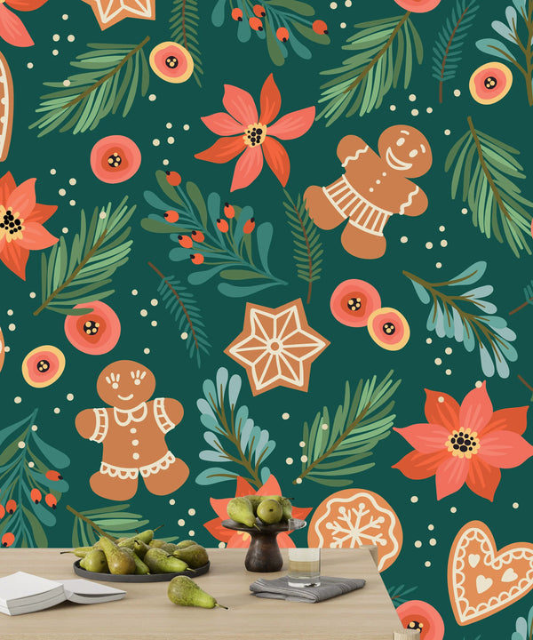 Gingerbreads Wallpaper, Seamless Pattern Mural, Oversized Custom Size Wall Art, Non-Woven, Non-Adhesive, Modern Wall Paper, Removable
