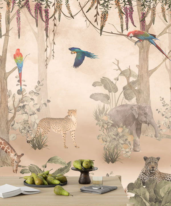 Kids Animals Wallpaper, Forest Mural, Oversized Custom Size Wall Art, Non-Woven, Non-Adhesive, Modern Wall Paper, Removable