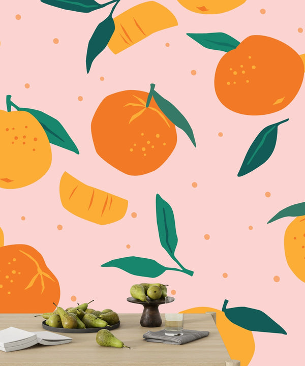 Mandarins Wallpaper, Seamless Pattern Mural, Oversized Custom Size Wall Art, Non-Woven, Non-Adhesive, Modern Wall Paper, Removable