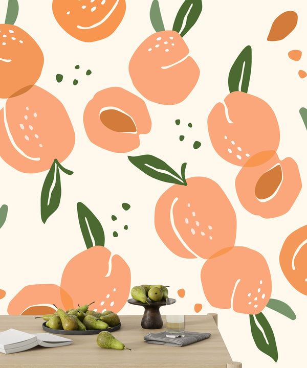 Peaches Wallpaper, Seamless Pattern Mural, Oversized Custom Size Wall Art, Non-Woven, Non-Adhesive, Modern Wall Paper, Removable