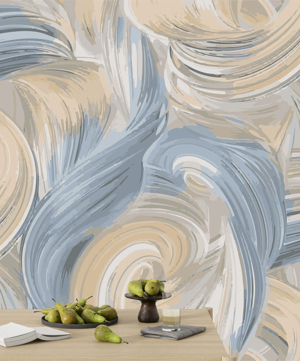 Abstract Blue and Beige Wallpaper, Seamless Pattern Mural, Oversized Custom Size Wall Art, Non-Woven, Non-Adhesive, Modern Wall Paper, Removable