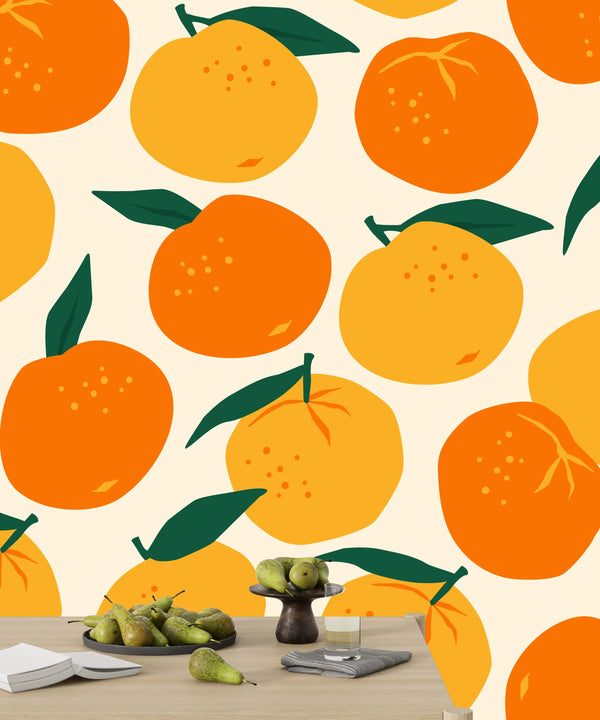 Mandarins, Beige Background Wallpaper, Seamless Pattern Mural, Oversized Custom Size Wall Art, Non-Woven, Non-Adhesive, Modern Wall Paper, Removable