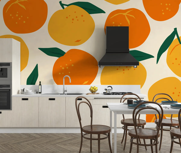 Mandarins, Beige Background Wallpaper, Seamless Pattern Mural, Oversized Custom Size Wall Art, Non-Woven, Non-Adhesive, Modern Wall Paper, Removable