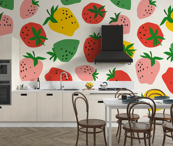 Colorful Strawberries Wallpaper, Seamless Pattern Mural, Oversized Custom Size Wall Art, Non-Woven, Non-Adhesive, Modern Wall Paper, Removable