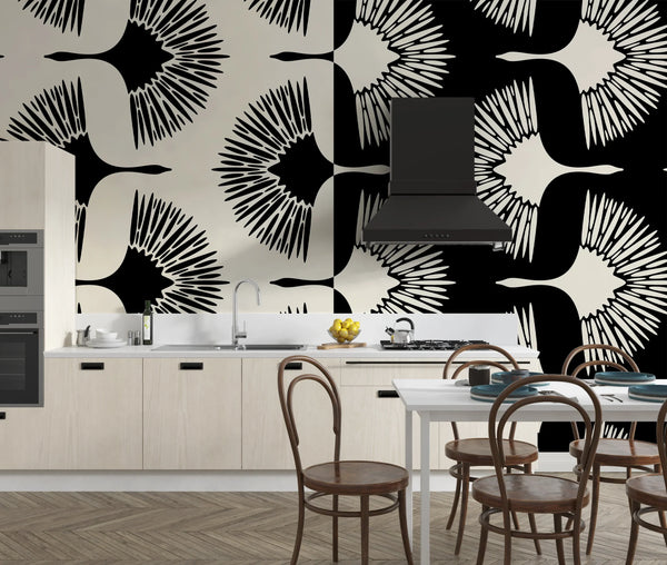 Art Deco Crane Wallpaper, Seamless Pattern Mural, Oversized Custom Size Wall Art, Non-Woven, Non-Adhesive, Modern Wall Paper, Removable