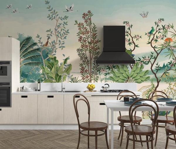 Chinoiserie Wallpaper, Floral Trees and Birds Mural, Oversized Custom Size Wall Art, Non-Woven, Non-Adhesive, Modern Wall Paper, Removable