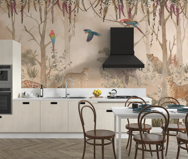 Kids Animals Wallpaper, Forest Mural, Oversized Custom Size Wall Art, Non-Woven, Non-Adhesive, Modern Wall Paper, Removable