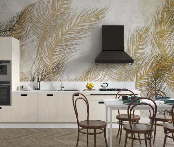 Tropical Wallpaper, Gold Leaves Mural, Oversized Custom Size Wall Art, Non-Woven, Non-Adhesive, Modern Wall Paper, Removable