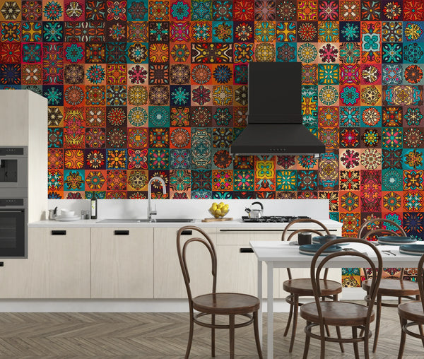 Colorful Vintage Floral and Mandala Elements Wallpaper, Seamless Pattern Mural, Oversized Custom Size Wall Art, Non-Woven, Non-Adhesive, Modern Wall Paper, Removable