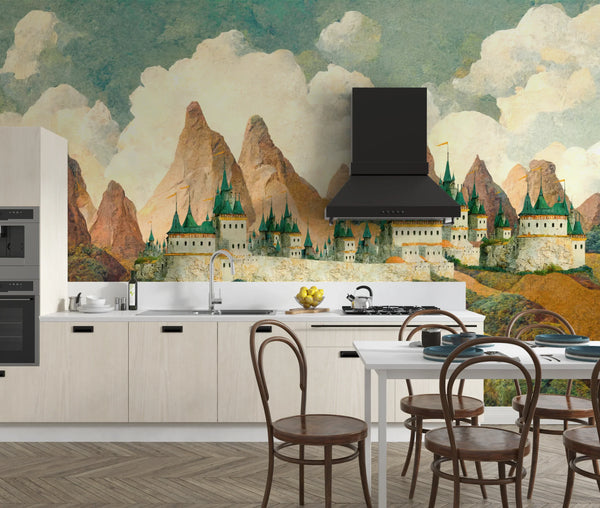 Castle Wallpaper, Mountain Landscape Mural, Oversized Custom Size Wall Art, Non-Woven, Non-Adhesive, Modern Wall Paper, Removable