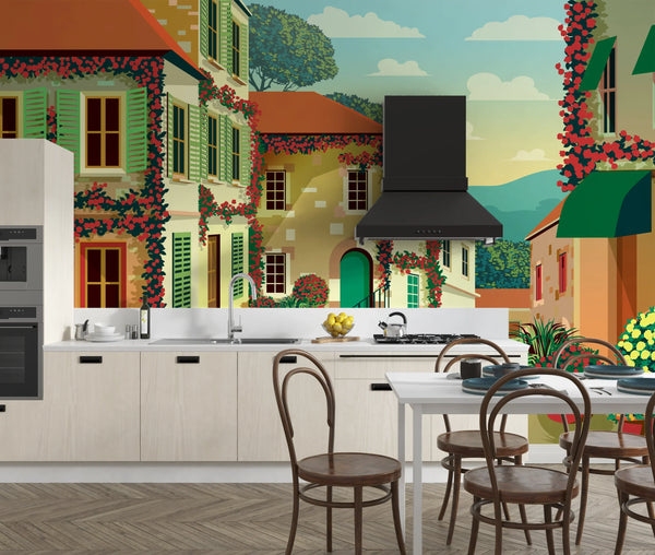 Village Square Wallpaper, Traditional Houses Mural, Oversized Custom Size Wall Art, Non-Woven, Non-Adhesive, Modern Wall Paper, Removable