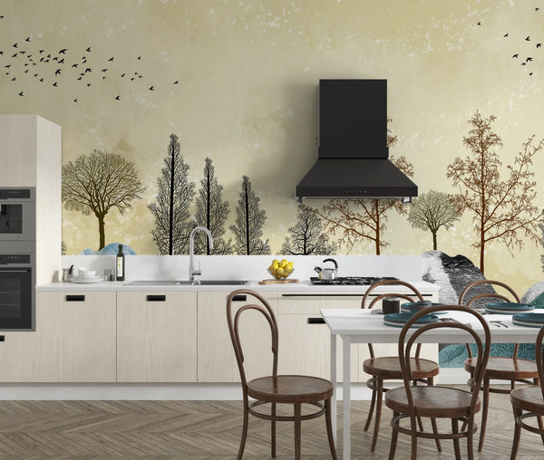 Golden Trees Wallpaper, Abstract Landscape Mural, Oversized Custom Size Wall Art, Non-Woven, Non-Adhesive, Modern Wall Paper, Removable