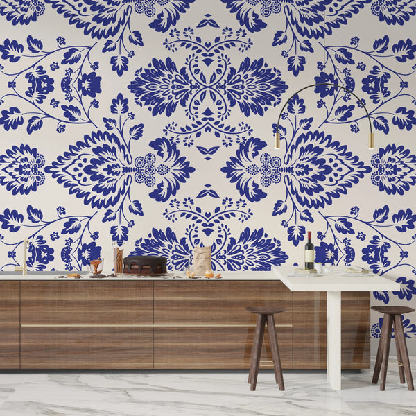 Ikat Floral Paisley Wallpaper, White Background Mural, Oversized Custom Size Wall Art, Non-Woven, Non-Adhesive, Modern Wall Paper, Removable