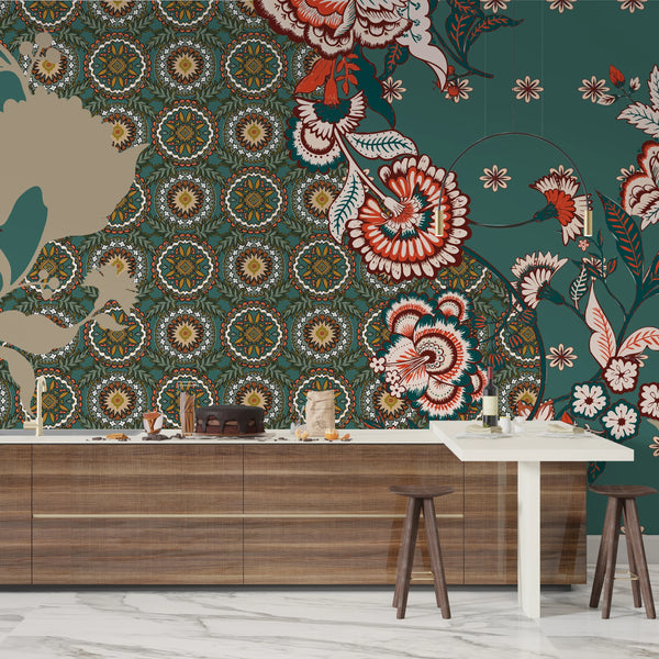Patchwork Floral Pattern Wallpaper, Paisley and Indian Flowers Mural, Oversized Custom Size Wall Art, Non-Woven, Non-Adhesive, Modern Wall Paper, Removable