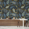 Indian Floral Pattern Wallpaper, Dark Background Mural, Oversized Custom Size Wall Art, Non-Woven, Non-Adhesive, Modern Wall Paper, Removable