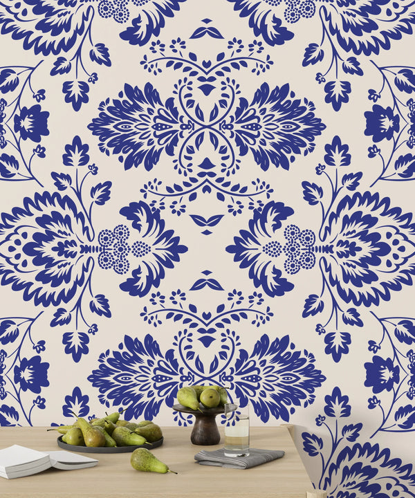 Ikat Floral Paisley Wallpaper, White Background Mural, Oversized Custom Size Wall Art, Non-Woven, Non-Adhesive, Modern Wall Paper, Removable