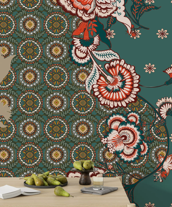 Patchwork Floral Pattern Wallpaper, Paisley and Indian Flowers Mural, Oversized Custom Size Wall Art, Non-Woven, Non-Adhesive, Modern Wall Paper, Removable