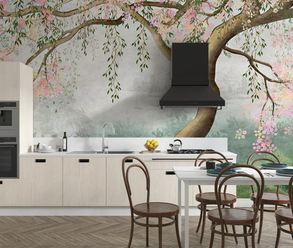 Willow Tree Wallpaper, Pink Flowers Mural, Oversized Custom Size Wall Art, Non-Woven, Non-Adhesive, Modern Wall Paper, Removable