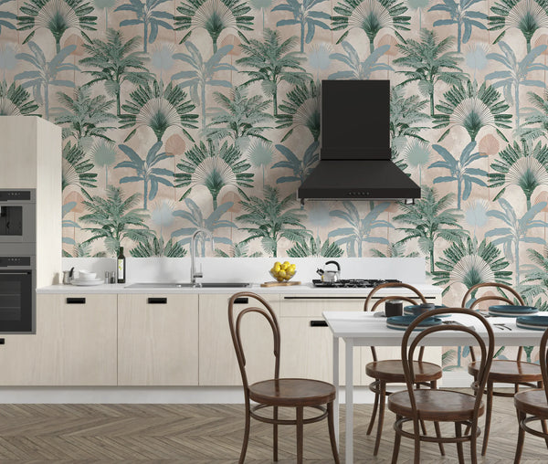 Palm Trees Wallpaper, Seamless Pattern Mural, Oversized Custom Size Wall Art, Non-Woven, Non-Adhesive, Modern Wall Paper, Removable