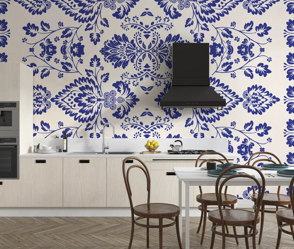 Ikat Floral Paisley Wallpaper, White Background Mural, Oversized Custom Size Wall Art, Non-Woven, Non-Adhesive, Modern Wall Paper, Removable