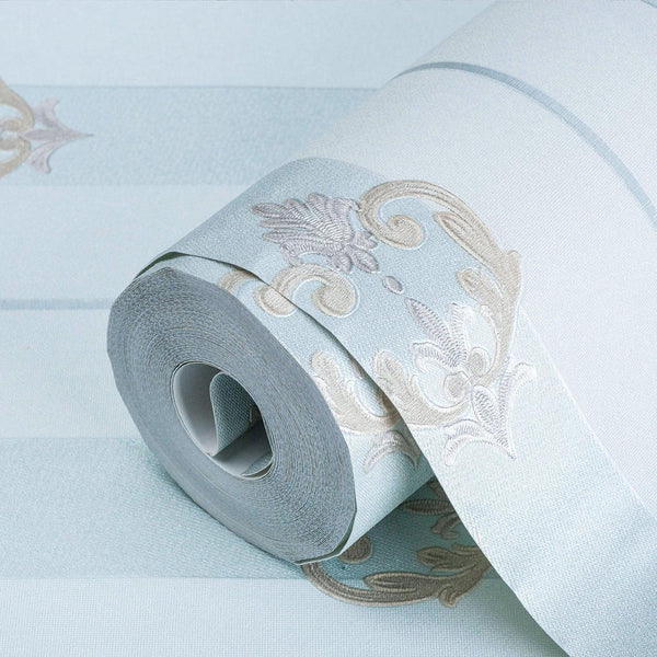 Light Blue Ornate Striped Wallpaper, Deep Embossed Regal Vintage Damask Wallcovering - Walloro High End Wallcoverings & More