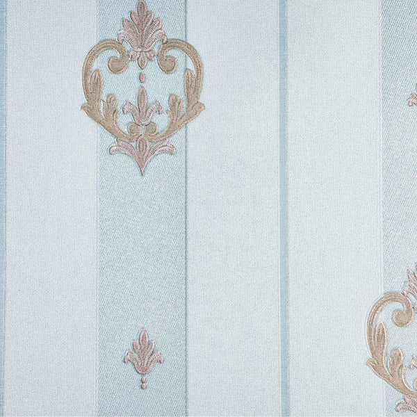 Light Blue Ornate Striped Wallpaper, Deep Embossed Regal Vintage Damask Wallcovering - Walloro High End Wallcoverings & More