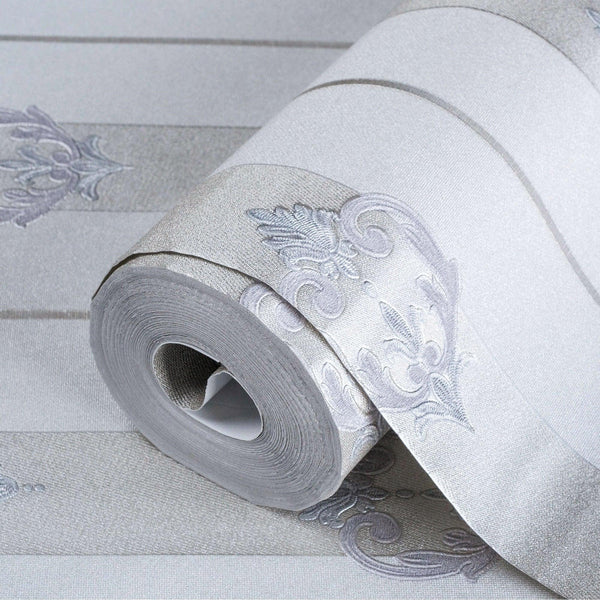Light Purple Ornate Striped Wallpaper, Deep Embossed Regal Vintage Damask Wallcovering - Walloro High End Wallcoverings & More