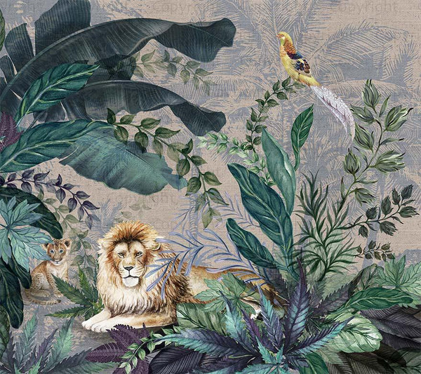Lion Jungle Wall Mural, Gray Tropical Wall Mural, Interior Decor, Non-Pasted, Extra Large Wall Print, Removable, Forest Theme Wall Art - Walloro High End Wallcoverings & More