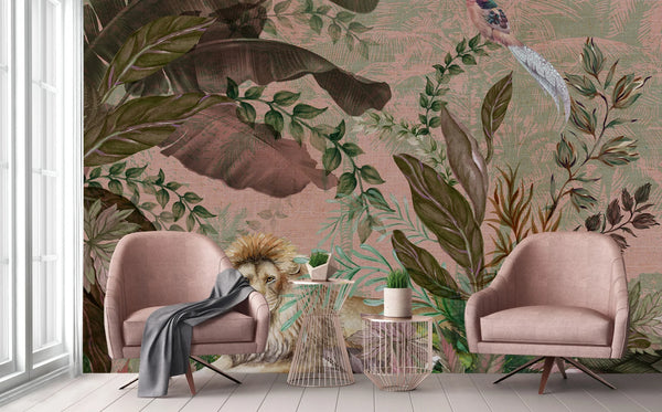 Lion Jungle Wall Mural, Purple Tropical Wall Mural, Interior Decor, Non-Pasted, Extra Large Wall Print, Removable, Forest Theme Wall Art - Walloro High End Wallcoverings & More