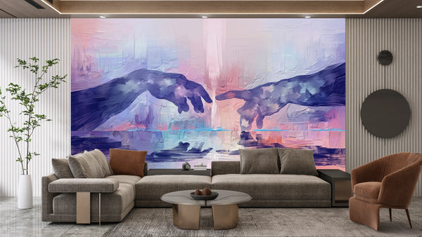 Touching Hands Wallpaper, Dark Violet Mural, Oversized Custom Size Wall Art, Non-Woven, Non-Adhesive, Modern Wall Paper, Removable
