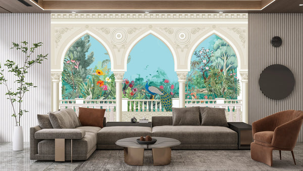 Chinoiserie Garden Arch Wallpaper, Peacock Mural, Oversized Custom Size Wall Art, Non-Woven, Non-Adhesive, Modern Wall Paper, Removable