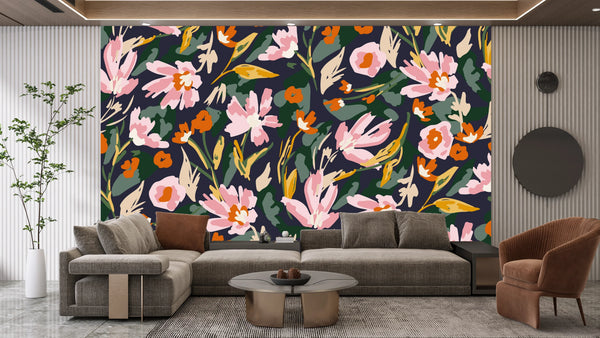 Watercolor Pink Wildflowers Wallpaper, Seamless Pattern Mural, Oversized Custom Size Wall Art, Non-Woven, Non-Adhesive, Modern Wall Paper, Removable