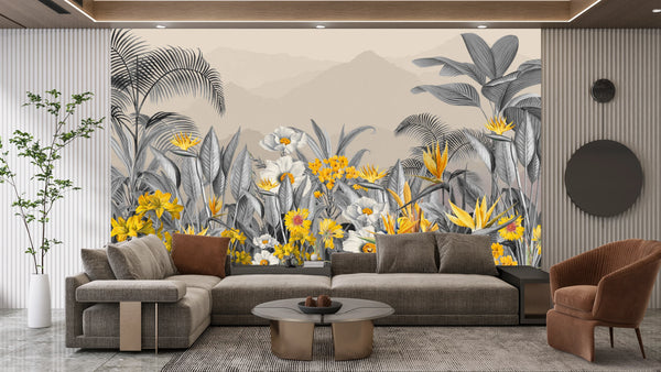 Grey Plants Wallpaper, Yellow Flowers Mural, Oversized Custom Size Wall Art, Non-Woven, Non-Adhesive, Modern Wall Paper, Removable