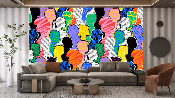Colorful Diversed People Crowd Wallpaper, Seamless Pattern Mural, Oversized Custom Size Wall Art, Non-Woven, Non-Adhesive, Modern Wall Paper, Removable