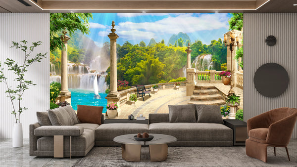 Terrace with Waterfalls Wallpaper, Seascape Mural, Oversized Custom Size Wall Art, Non-Woven, Non-Adhesive, Modern Wall Paper, Removable