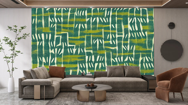 Ethnic Ikat Greenish Wallpaper, Handmade Boho Tribal Mural, Oversized Custom Size Wall Art, Non-Woven, Non-Adhesive, Modern Wall Paper, Removable