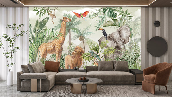Safari Wildlife Wallpaper, Tropical Animals Mural, Oversized Custom Size Wall Art, Non-Woven, Non-Adhesive, Modern Wall Paper, Removable