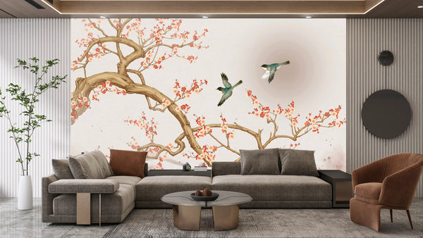 Chinoiserie Wallpaper, Tree and Birds Mural, Oversized Custom Size Wall Art, Non-Woven, Non-Adhesive, Modern Wall Paper, Removable