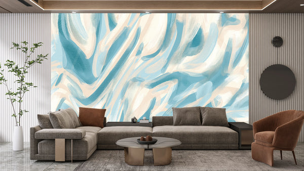 Abstract Teal, Beige Wallpaper, Paint Strokes Mural, Oversized Custom Size Wall Art, Non-Woven, Non-Adhesive, Modern Wall Paper, Removable