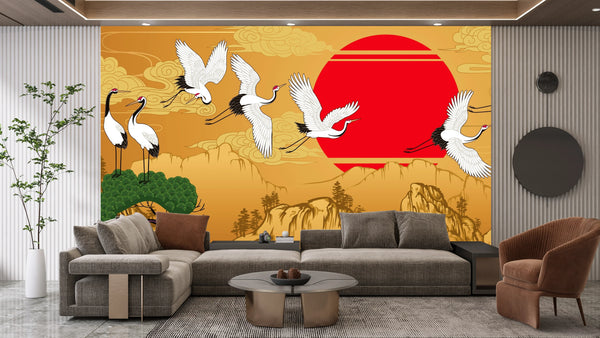 Japanese Landscape Wallpaper, Cranes Mural, Oversized Custom Size Wall Art, Non-Woven, Non-Adhesive, Modern Wall Paper, Removable