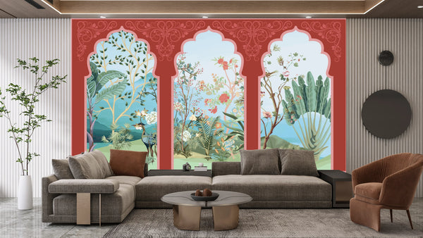 Traditional Mughal Garden Wallpaper, Peacock, Red Arch Mural, Oversized Custom Size Wall Art, Non-Woven, Non-Adhesive, Modern Wall Paper, Removable