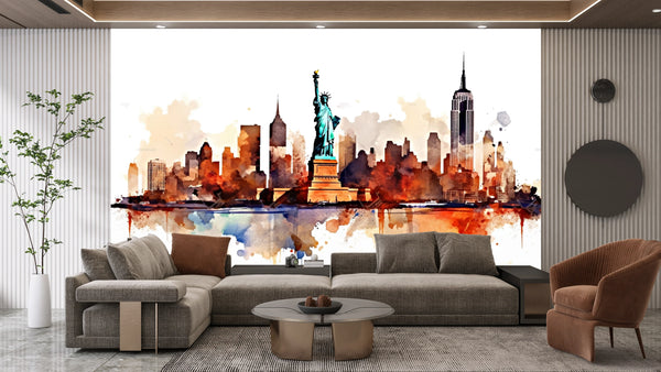 New York Wallpaper, Watercolor Mural, Oversized Custom Size Wall Art, Non-Woven, Non-Adhesive, Modern Wall Paper, Removable