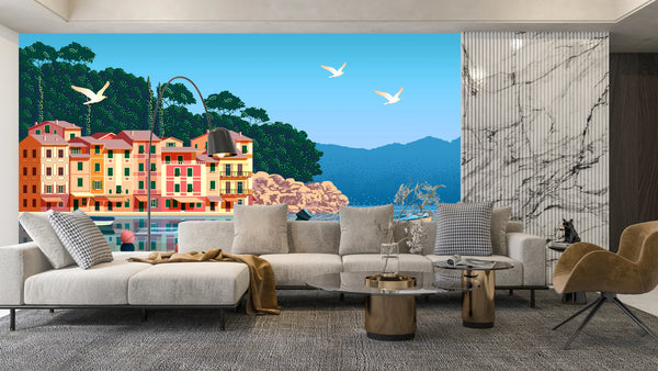 Summer day in Village Wallpaper, Boats, Sea Mural, Oversized Custom Size Wall Art, Non-Woven, Non-Adhesive, Modern Wall Paper, Removable