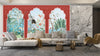Traditional Mughal Garden Wallpaper, Peacock, Red Arch Mural, Oversized Custom Size Wall Art, Non-Woven, Non-Adhesive, Modern Wall Paper, Removable