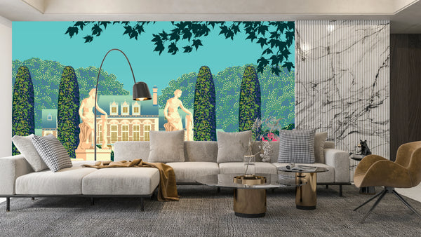 Flower Garden Wallpaper, House and Statues Mural, Oversized Custom Size Wall Art, Non-Woven, Non-Adhesive, Modern Wall Paper, Removable
