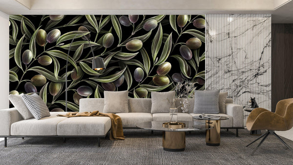 Olive Branches Wallpaper, Seamless Pattern Mural, Oversized Custom Size Wall Art, Non-Woven, Non-Adhesive, Modern Wall Paper, Removable