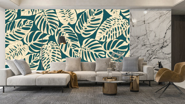 Beige Leaves Wallpaper, Seamless Pattern Mural, Oversized Custom Size Wall Art, Non-Woven, Non-Adhesive, Modern Wall Paper, Removable