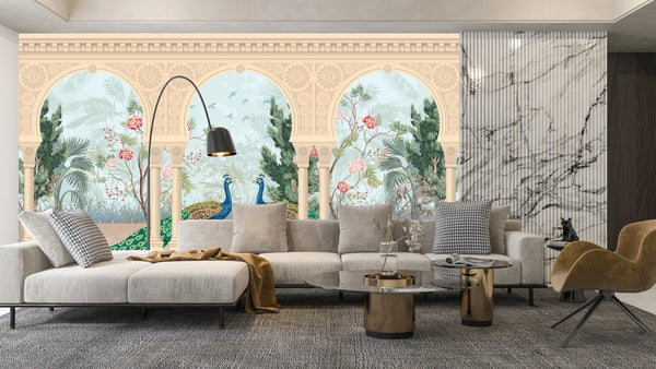 Traditional Mughal Garden Wallpaper, Peacock, Arch Mural, Oversized Custom Size Wall Art, Non-Woven, Non-Adhesive, Modern Wall Paper, Removable