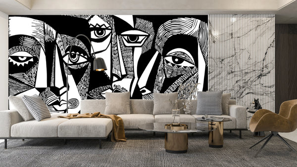Modern Surreal, Black and White Wallpaper, Linocut Style Mural, Oversized Custom Size Wall Art, Non-Woven, Non-Adhesive, Modern Wall Paper, Removable