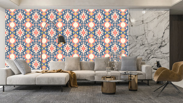 Ikat Folklore Wallpaper, Seamless Pattern Mural, Oversized Custom Size Wall Art, Non-Woven, Non-Adhesive, Modern Wall Paper, Removable